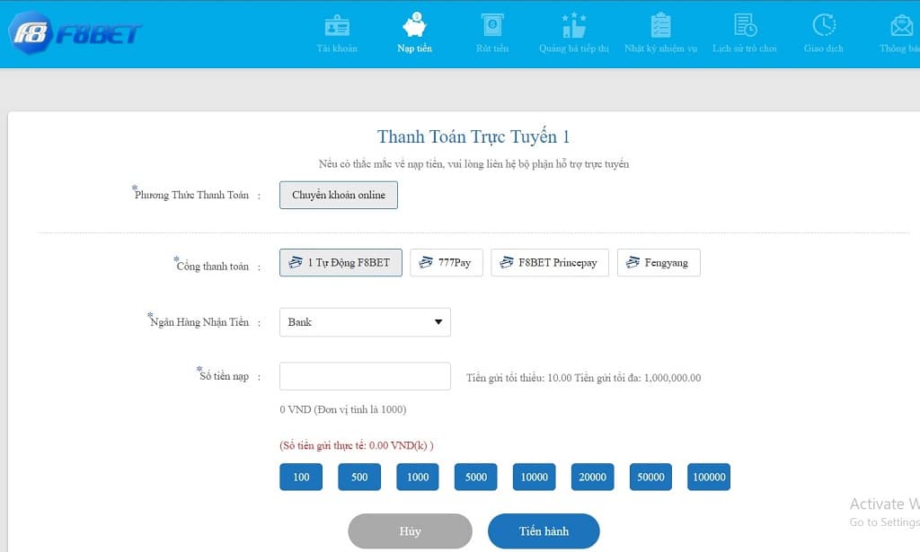 Nạp tiền f8bet thông qua ngân hàng điện tử dễ dàng 